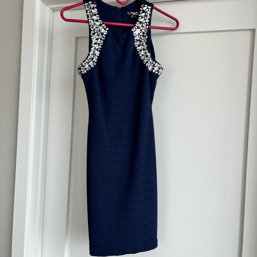 Elegant Navy Blue Dress with Embellished Shoulders - Size 3